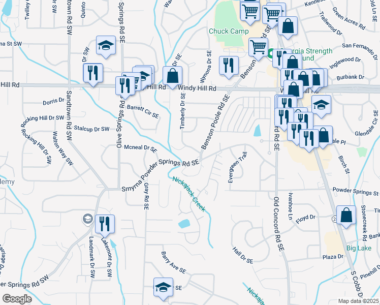 map of restaurants, bars, coffee shops, grocery stores, and more near 195 Smyrna Powder Springs Road Southeast in Smyrna