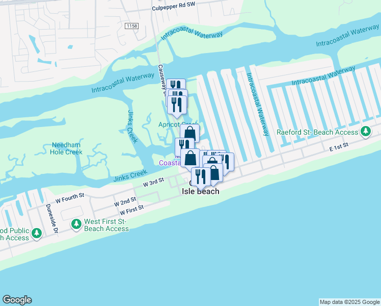 map of restaurants, bars, coffee shops, grocery stores, and more near 19 Causeway Drive in Ocean Isle Beach