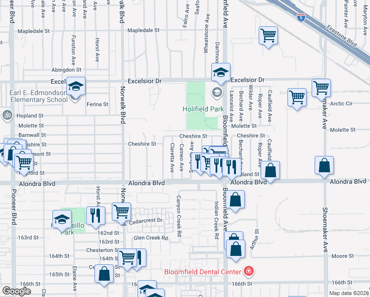 map of restaurants, bars, coffee shops, grocery stores, and more near 15613 Cameo Avenue in Norwalk