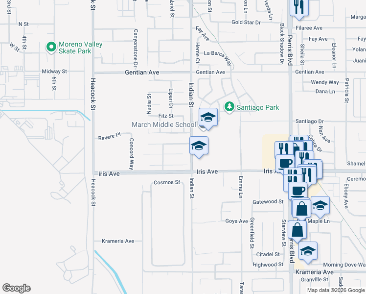 map of restaurants, bars, coffee shops, grocery stores, and more near 24473 Saint Thomas Avenue in Moreno Valley