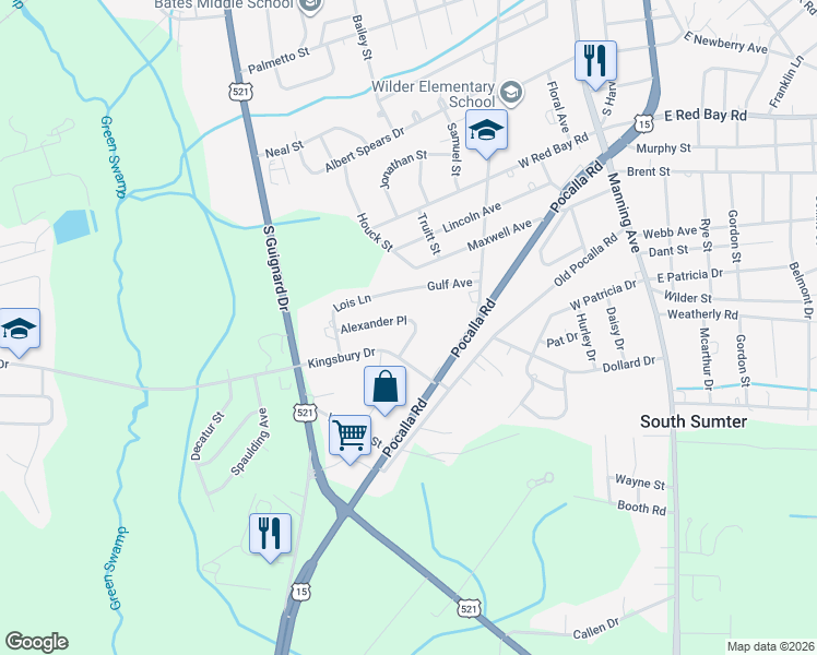 map of restaurants, bars, coffee shops, grocery stores, and more near 215 Kingsbury Drive in Sumter