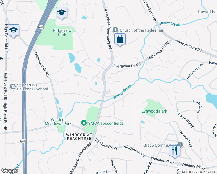 map of restaurants, bars, coffee shops, grocery stores, and more near 4957 Peachtree Dunwoody Road in Atlanta
