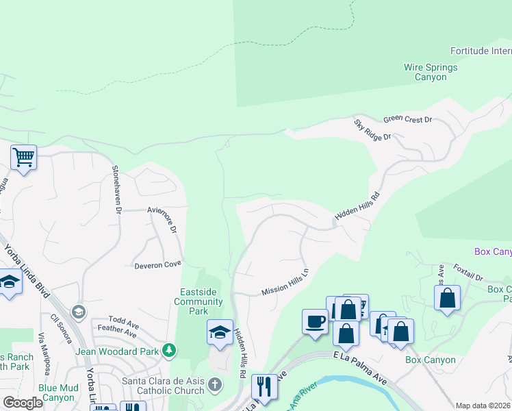 map of restaurants, bars, coffee shops, grocery stores, and more near 22285 Rolling Hills Lane in Yorba Linda