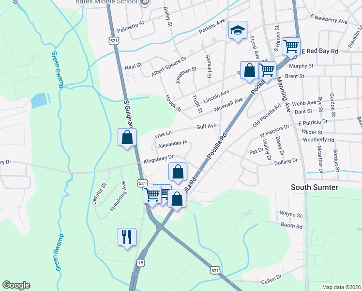 map of restaurants, bars, coffee shops, grocery stores, and more near 250 Kingsbury Drive in Sumter
