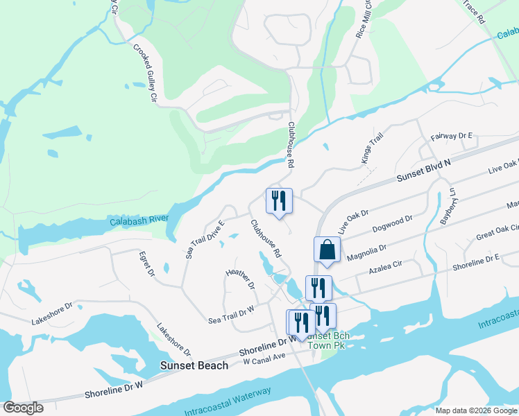 map of restaurants, bars, coffee shops, grocery stores, and more near 220 Clubhouse Road in Sunset Beach
