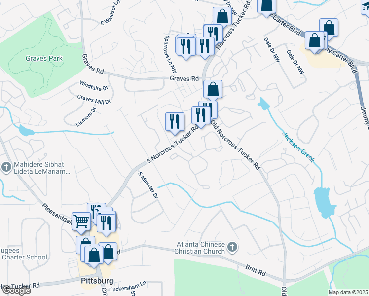 map of restaurants, bars, coffee shops, grocery stores, and more near 6280 South Norcross Tucker Road in Tucker