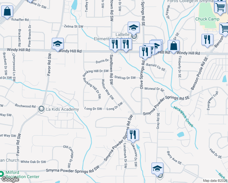map of restaurants, bars, coffee shops, grocery stores, and more near 2622 Toni Place in Marietta