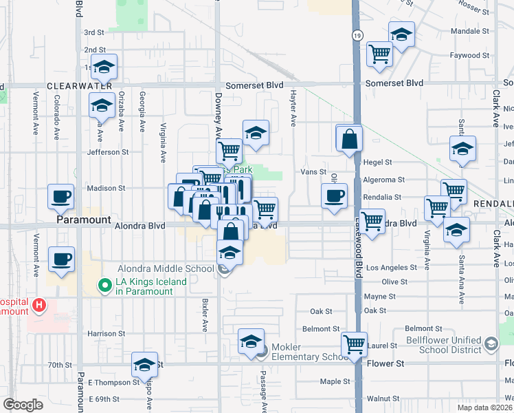 map of restaurants, bars, coffee shops, grocery stores, and more near 15733 Passage Avenue in Paramount