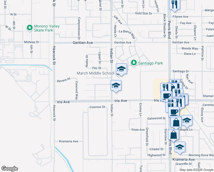 map of restaurants, bars, coffee shops, grocery stores, and more near 24473 Saint Thomas Avenue in Moreno Valley
