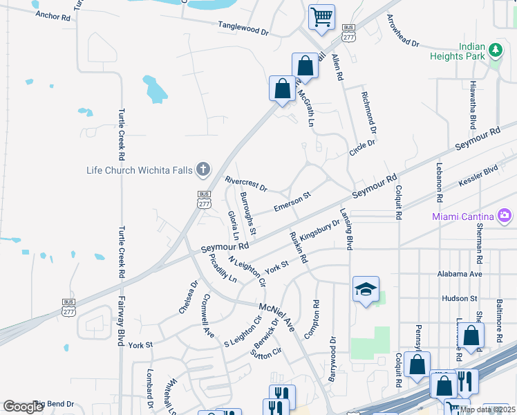 map of restaurants, bars, coffee shops, grocery stores, and more near 2018 Burroughs Street in Wichita Falls