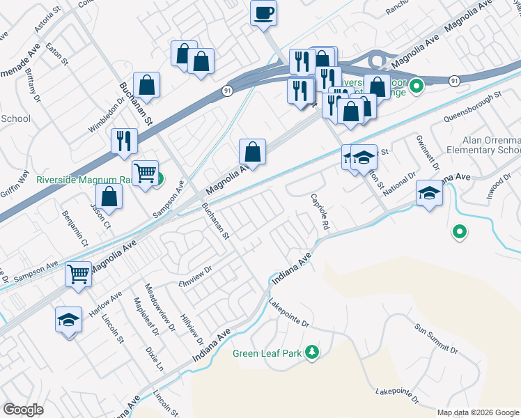 map of restaurants, bars, coffee shops, grocery stores, and more near 3663 Buchanan Street in Riverside