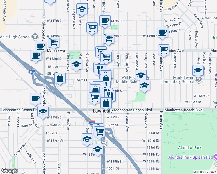 map of restaurants, bars, coffee shops, grocery stores, and more near 4335 West 156th Street in Lawndale