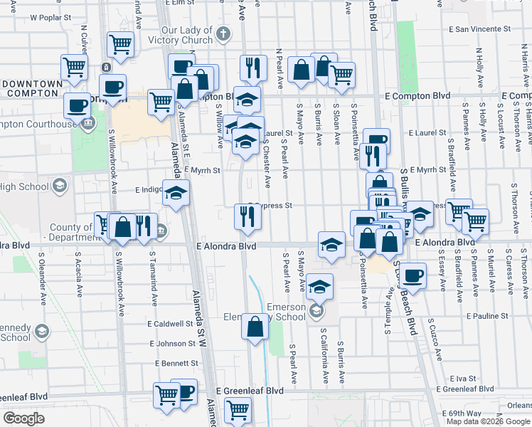 map of restaurants, bars, coffee shops, grocery stores, and more near 709 South Chester Avenue in Compton