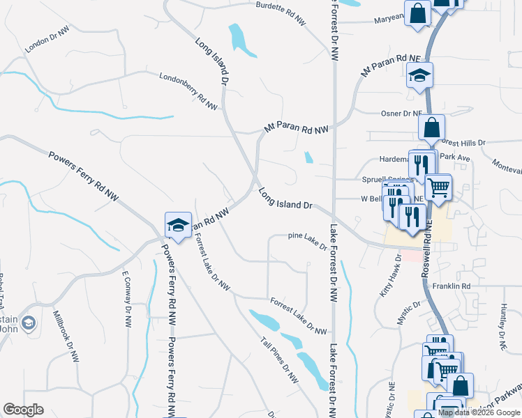 map of restaurants, bars, coffee shops, grocery stores, and more near 4994 Long Island Drive in Atlanta