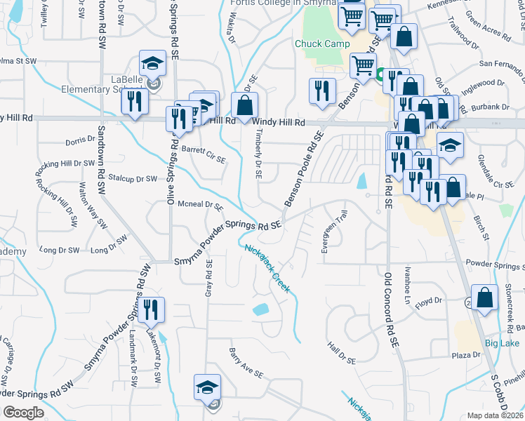 map of restaurants, bars, coffee shops, grocery stores, and more near 195 Smyrna Powder Springs Road Southeast in Smyrna