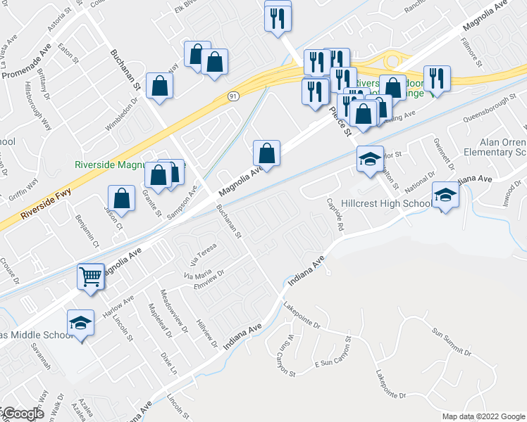 map of restaurants, bars, coffee shops, grocery stores, and more near 3663 Buchanan Street in Riverside