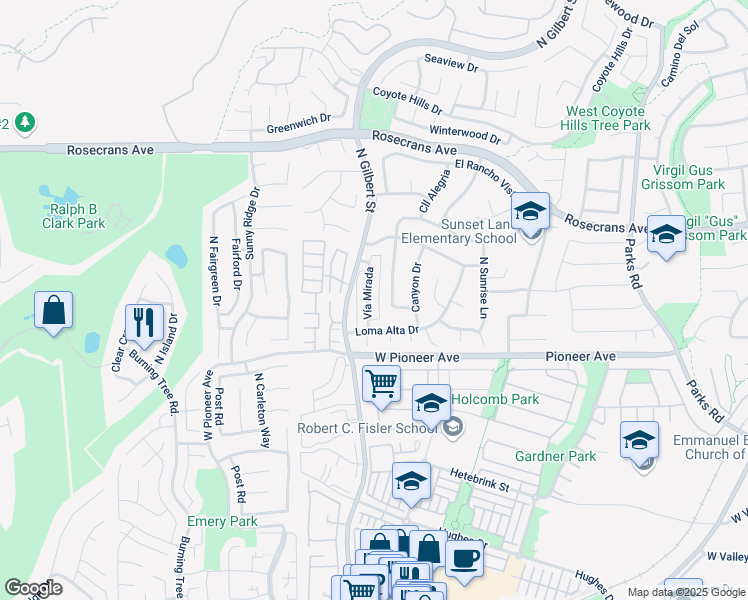 map of restaurants, bars, coffee shops, grocery stores, and more near 1617 Sunset Lane in Fullerton