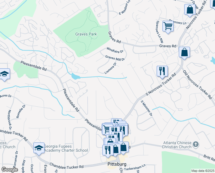 map of restaurants, bars, coffee shops, grocery stores, and more near 3430 Shorelake Drive in Tucker