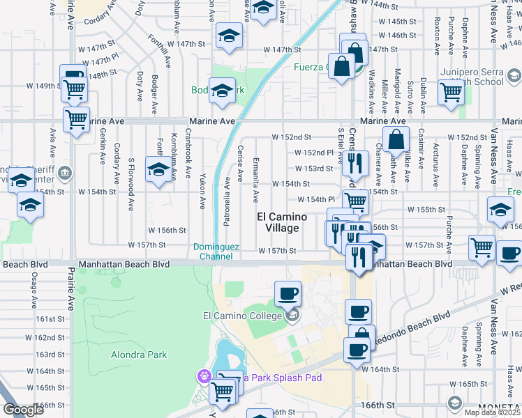 map of restaurants, bars, coffee shops, grocery stores, and more near 15502 Ermanita Avenue in Gardena