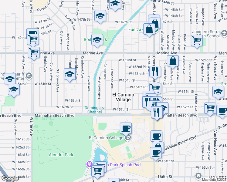 map of restaurants, bars, coffee shops, grocery stores, and more near 15502 Ermanita Avenue in Gardena