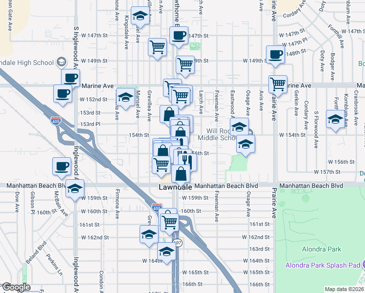map of restaurants, bars, coffee shops, grocery stores, and more near 15430 Hawthorne Boulevard in Lawndale