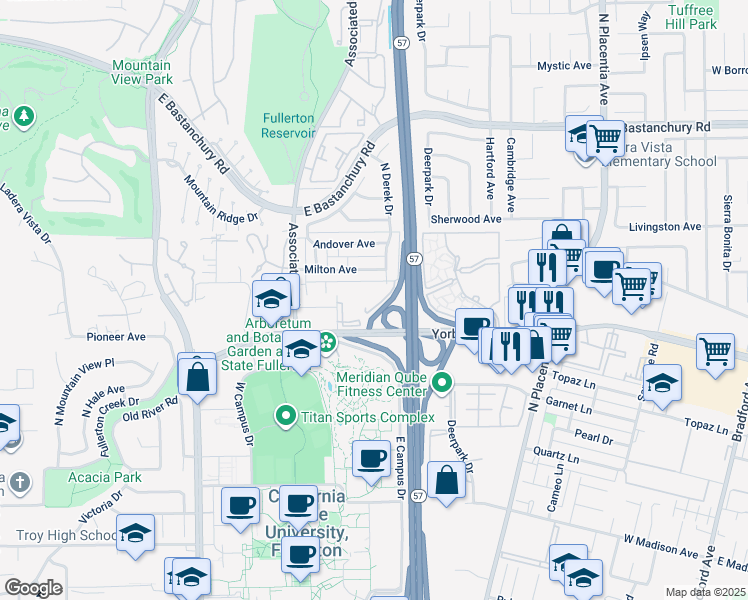 map of restaurants, bars, coffee shops, grocery stores, and more near 2030 North Derek Drive in Fullerton