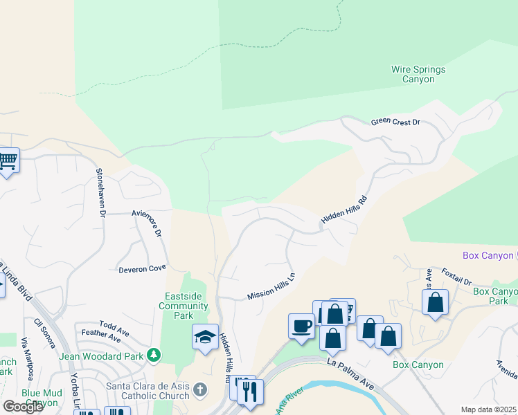 map of restaurants, bars, coffee shops, grocery stores, and more near 22280 Rolling Hills Lane in Yorba Linda