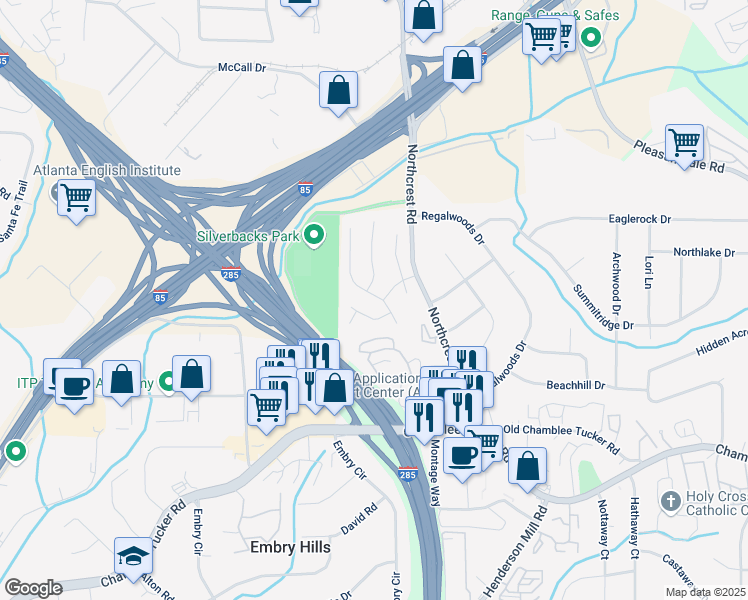 map of restaurants, bars, coffee shops, grocery stores, and more near 3316 Rose Ridge in Atlanta
