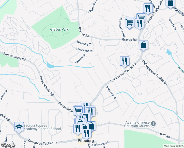 map of restaurants, bars, coffee shops, grocery stores, and more near 1303 Stoneybrook Drive Northwest in Tucker