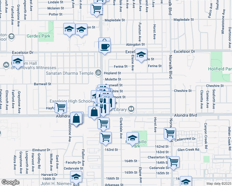 map of restaurants, bars, coffee shops, grocery stores, and more near 11856 Cheshire Street in Norwalk