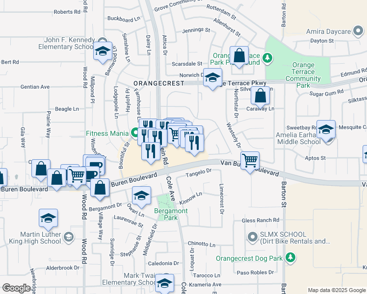 map of restaurants, bars, coffee shops, grocery stores, and more near 19510 Van Buren Boulevard in Riverside