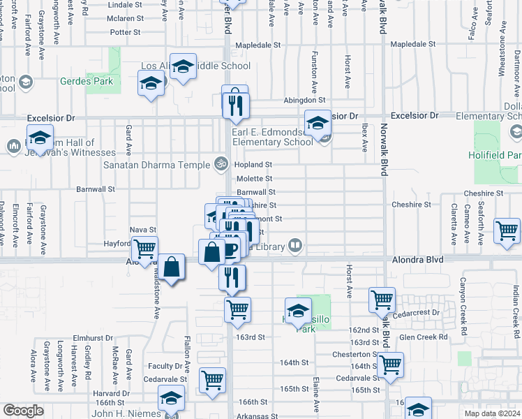 map of restaurants, bars, coffee shops, grocery stores, and more near 11856 Cheshire Street in Norwalk