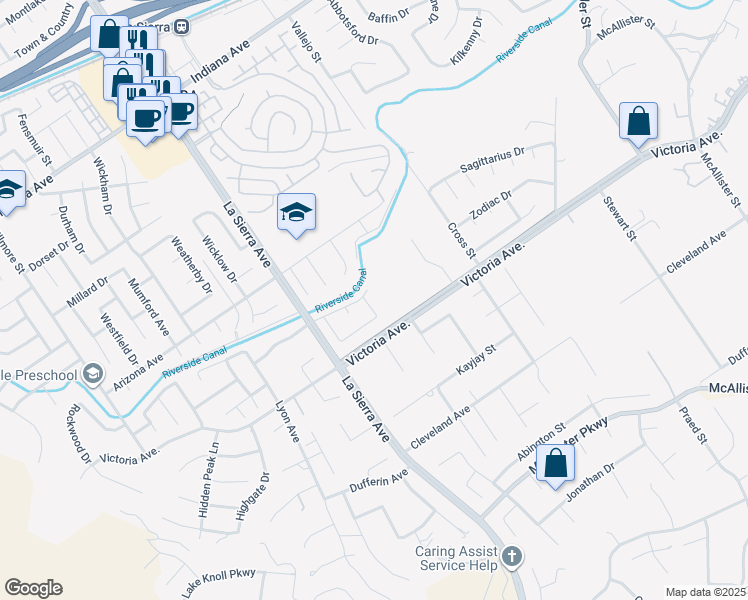 map of restaurants, bars, coffee shops, grocery stores, and more near 2767 Attenborough Place in Riverside