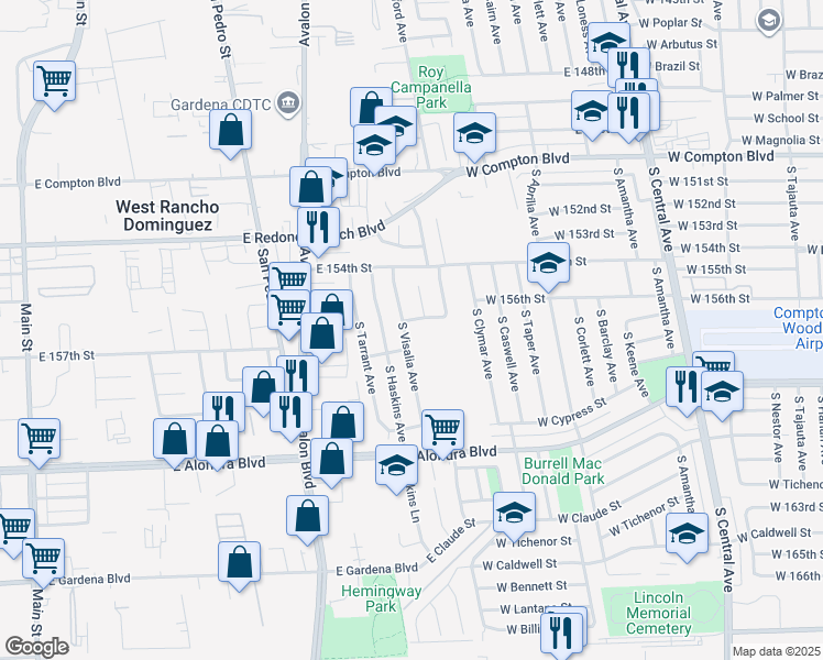 map of restaurants, bars, coffee shops, grocery stores, and more near 15620 South Visalia Avenue in Compton