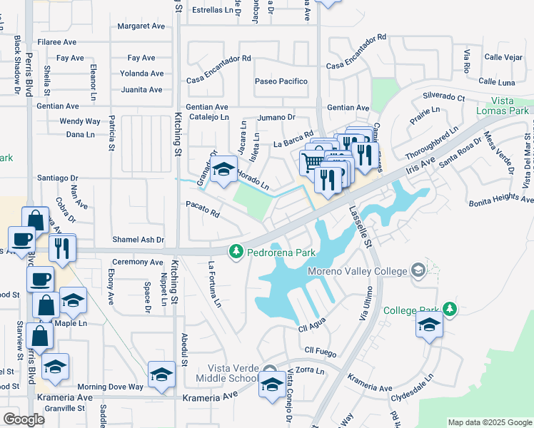 map of restaurants, bars, coffee shops, grocery stores, and more near 25796 Iris Avenue in Moreno Valley