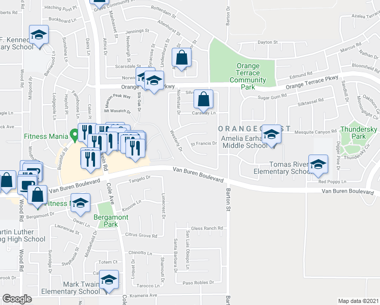 map of restaurants, bars, coffee shops, grocery stores, and more near 19954 Westerly Drive in Riverside