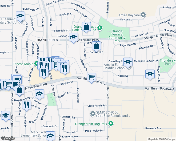 map of restaurants, bars, coffee shops, grocery stores, and more near 19797 Mount Wasatch Drive in Riverside