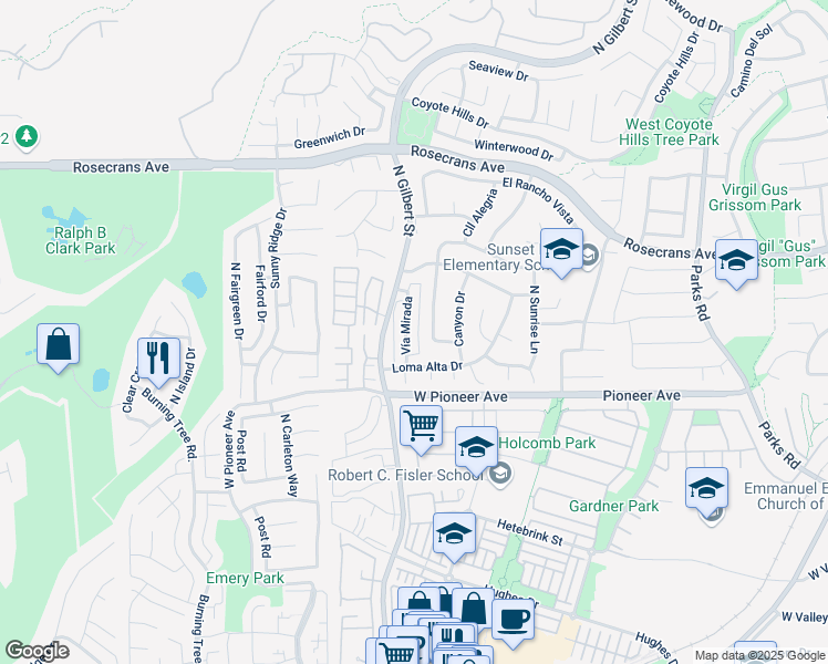map of restaurants, bars, coffee shops, grocery stores, and more near 1617 Sunset Lane in Fullerton