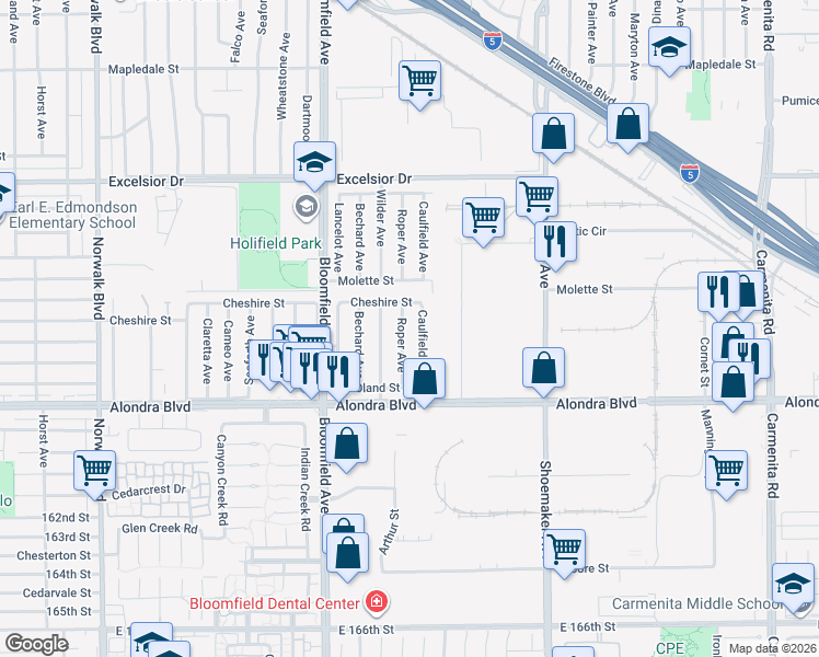 map of restaurants, bars, coffee shops, grocery stores, and more near 15603 Caulfield Avenue in Norwalk