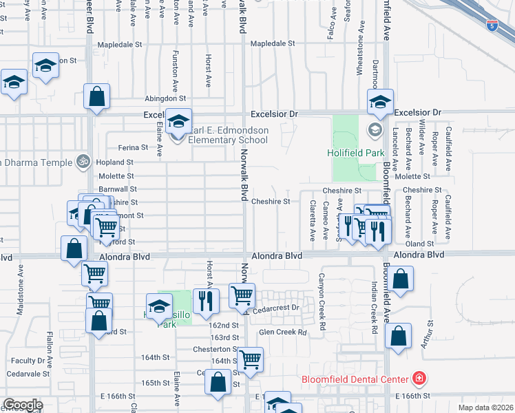 map of restaurants, bars, coffee shops, grocery stores, and more near 15603 Thornlake Avenue in Norwalk