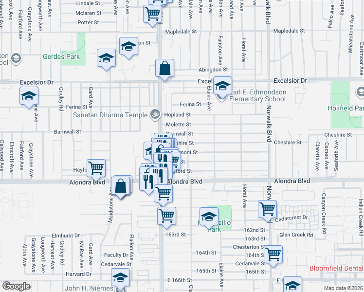 map of restaurants, bars, coffee shops, grocery stores, and more near 11902 Lowemont Street in Norwalk