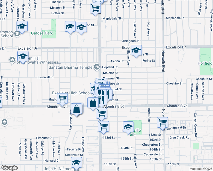 map of restaurants, bars, coffee shops, grocery stores, and more near 11824 Lowemont Street in Norwalk