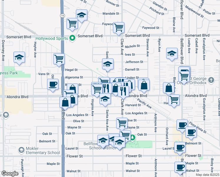 map of restaurants, bars, coffee shops, grocery stores, and more near 9319 Alondra Boulevard in Bellflower