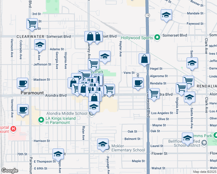 map of restaurants, bars, coffee shops, grocery stores, and more near 15821 Passage Avenue in Paramount