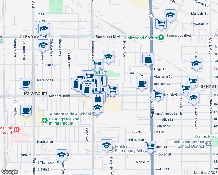 map of restaurants, bars, coffee shops, grocery stores, and more near 15821 Passage Avenue in Paramount