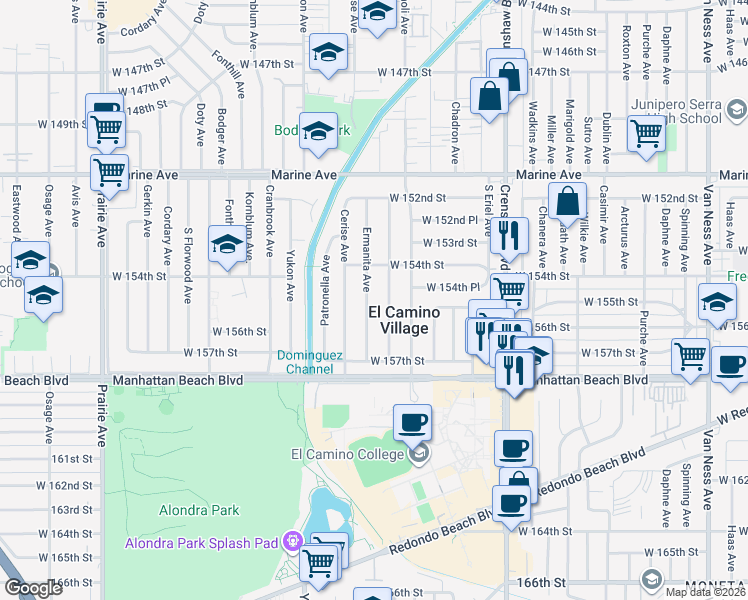 map of restaurants, bars, coffee shops, grocery stores, and more near 15527 Faysmith Avenue in Gardena