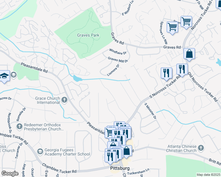 map of restaurants, bars, coffee shops, grocery stores, and more near 3430 Shorelake Drive in Tucker