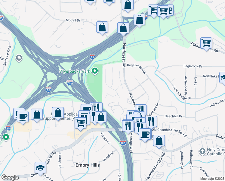 map of restaurants, bars, coffee shops, grocery stores, and more near 3316 Rose Ridge in Atlanta