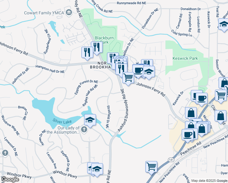 map of restaurants, bars, coffee shops, grocery stores, and more near 1515 Kadleston Way Northeast in Atlanta