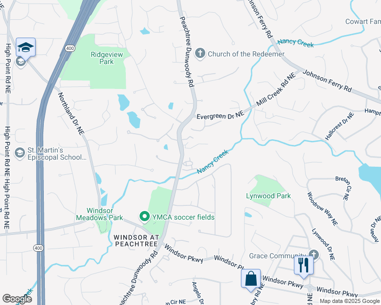 map of restaurants, bars, coffee shops, grocery stores, and more near 4957 Peachtree Dunwoody Road in Atlanta